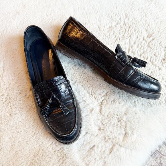 Jenni Kayne Croc Embossed Black Loafers Tassels Made in Italy Size 39 US 9 - Picture 3 of 8